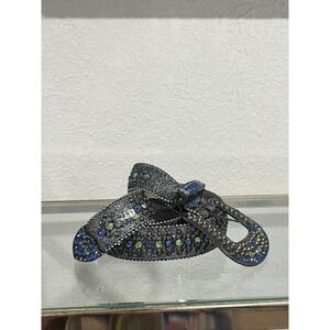 Vintage B.B. Simon Black Leather 'Lime Galaxy' Rhinestone Y2K Belt Size 36